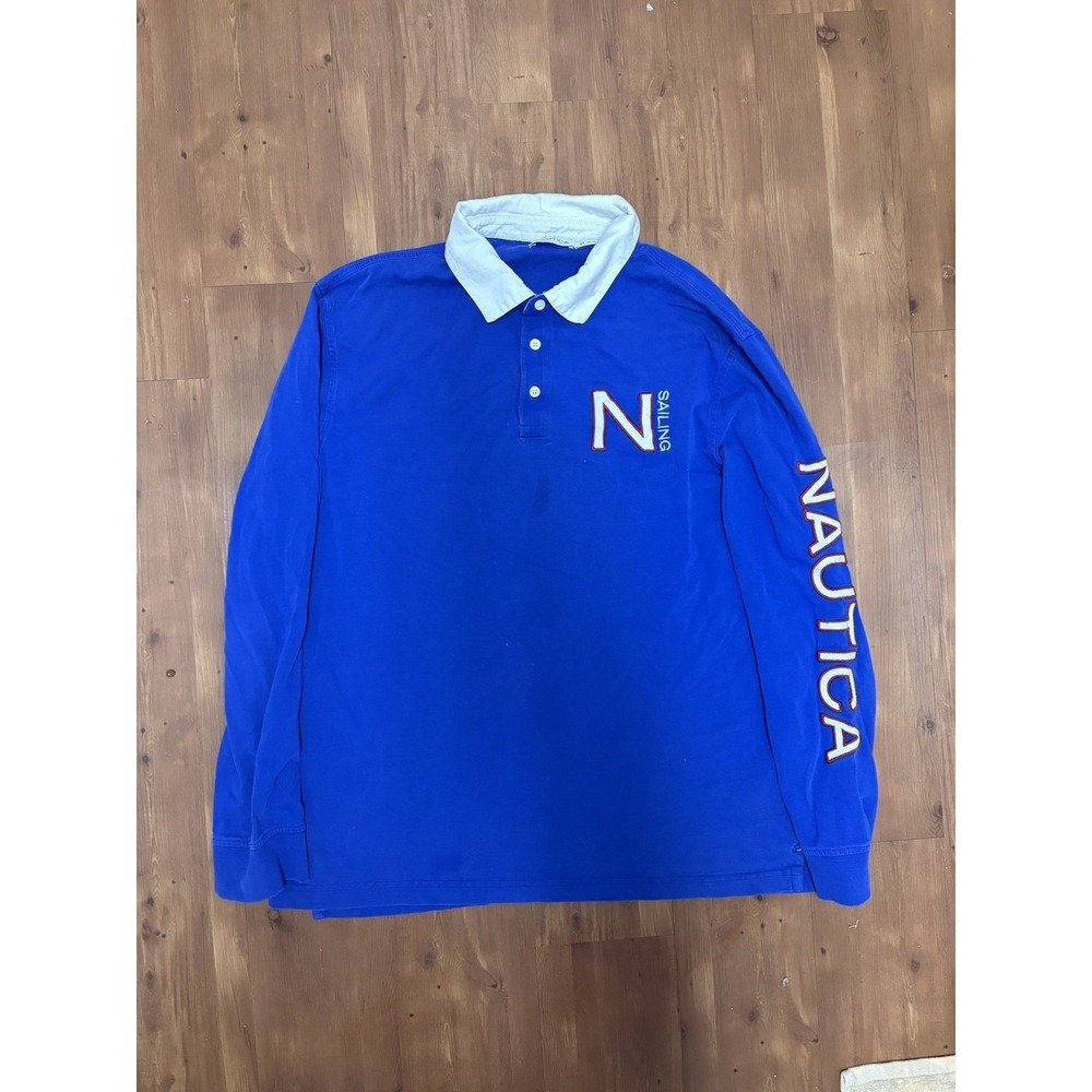Nautica Sailing Rugby Polo Shirt Men XL Blue Long Sleeve Spell‎ Out Logo Preppy